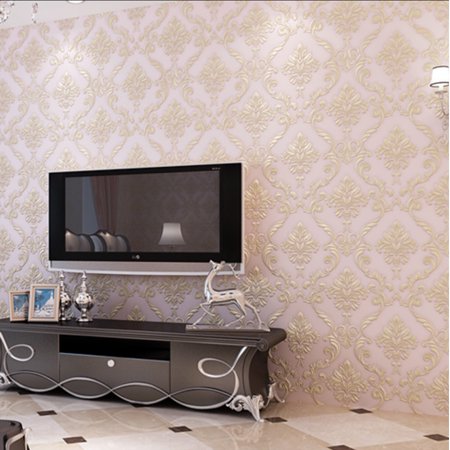 Non-Woven Wallpaper 3D European Damascus Wallpaper Warm Wedding Room Bedroom Living Room TV Background Non-Pasted Wallpaper 1.73' W x 32.8' L (Light Pink)
