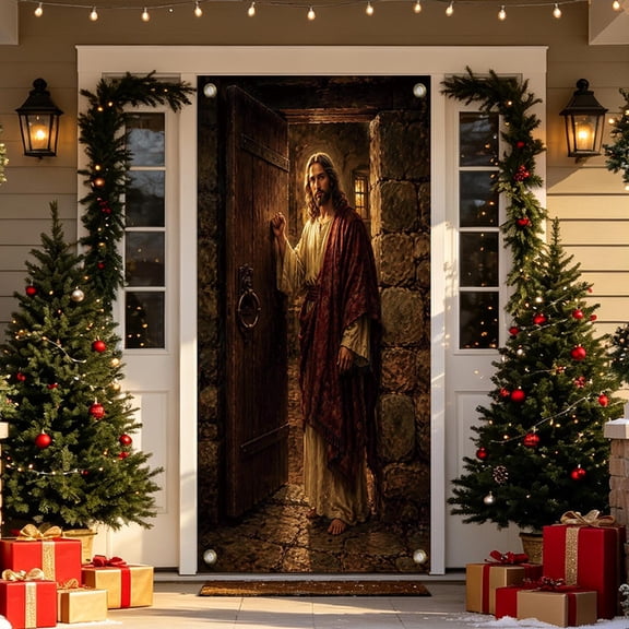 Talqzovs Christmas Door Cover , 35 X 72 Inch Front Door Curtain Religious Nativity Scene Fabric Banner