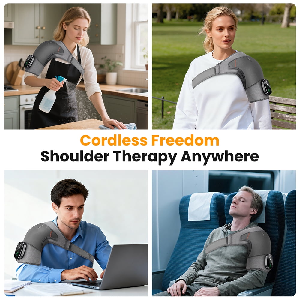 Cordless Shoulder Heating Pad with Massage,4-Motor Heated Shoulder Wrap with Vibration,5 Heat Levels & Rechargeable Battery,Adjustable Shoulder Brace for Men Women,Wearable for Home Office Use