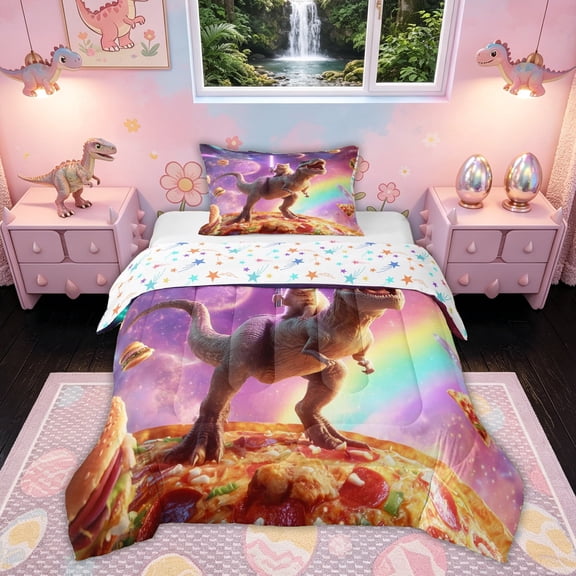 Feelyou Cat Riding Dinosaur Twin Comforter Sets for Boys Girls Kids, Galaxy Space Rainbow Bedding Set, Purple, Colorful Star Reversible, 2pcs