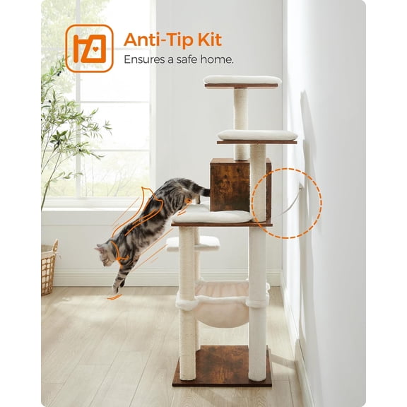 Cat Tree, 56.3-Inch Modern Cat Tower, Multi-Level Plush Condo with Scratching Posts, Hammock, Washable Cushion, Rustic Brown UPCT164X01