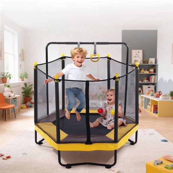 54" Kids Trampoline with Swing, Horizontal Bar, SEGMART 4-in-1 Oval Toddler Trampoline with Enclosure Safety Net, Outdoor Indoor Backyard Recreational Trampoline for Kids, Toddlers, Baby