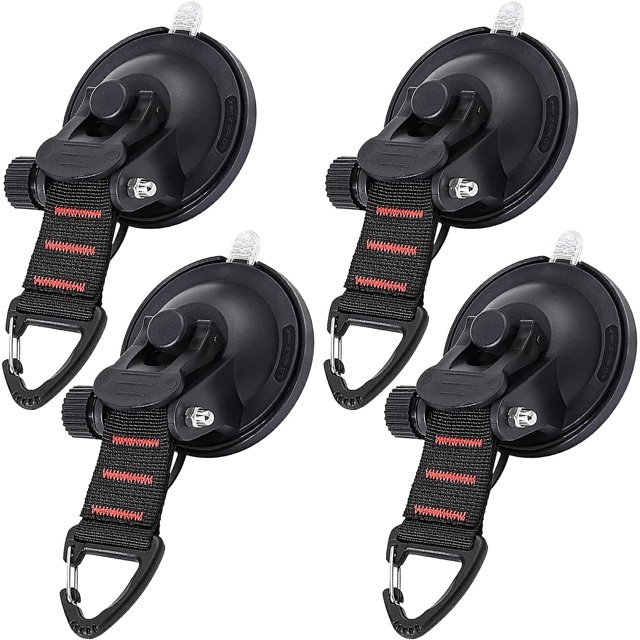 Heavy Duty 4 Piece Suction Cups with Improved Hooks for Car, Camping, Tarp, Attachment Accessory, Powerful Attachment Hook for Boat, Trap, Multifunctional Anchors, Glass Side (4 pieces)