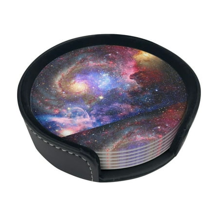 

Round Pu Leather Coaster Universe Galaxy Nebula Space Heat - Resistant Beverage Cup Mat-Fancy Decor For Kitchen Office Dining Room Table - Drink Protector 6-Slice