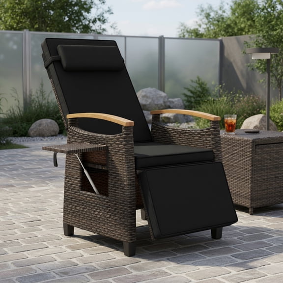 GVN Patio Lounge Chair,Outdoor Chaise Lounge Chair,Patio Wicker Recliner Chair with Adjustable Backrest and Footrest-Black