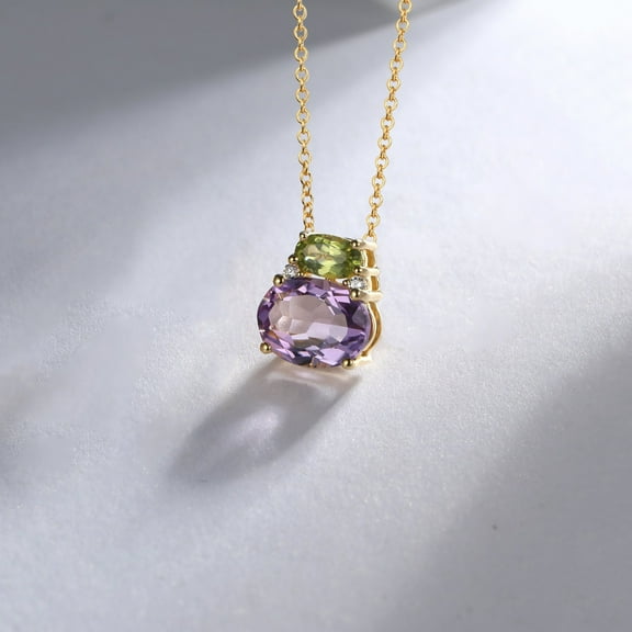 Diastar Jewels Peridot Amethyst Two Stone Necklace, 14K Yellow Gold Plated Custom Birthstone Necklace, Bridesmaid Gift