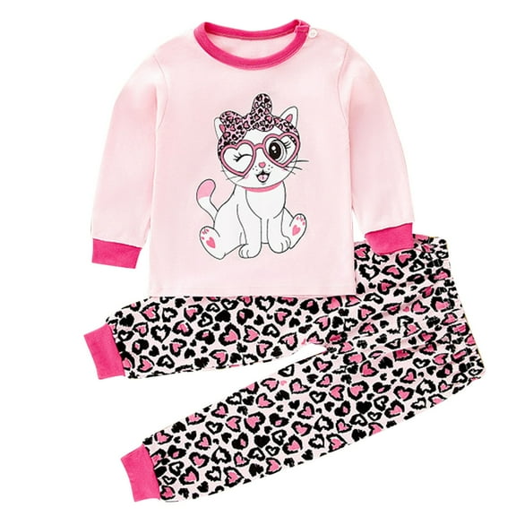CYRBOKO Pajama Sets for Toddler Girls, Long Sleeve Elastic Waist Cotton Crewneck Fall Pajamas Hot Pink Size 1-2 T
