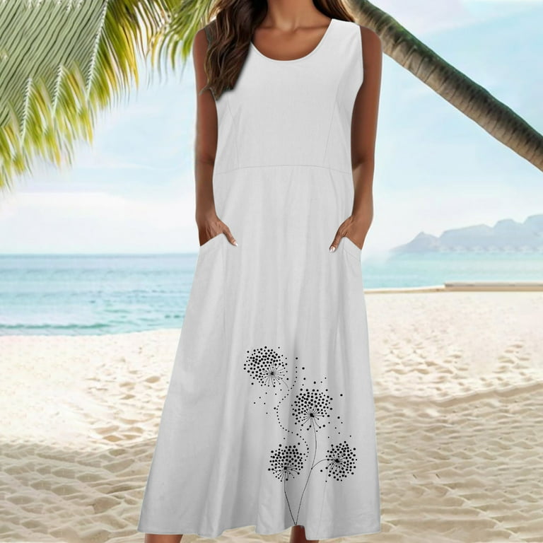 Xysaqa Plus Size Women's Summer Cotton Linen Maxi Dress Sleeveless