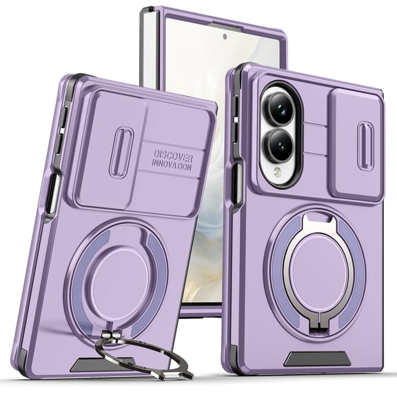 TECH CIRCLE for Samsung Galaxy Z Fold 8 2026 Case, Heavy Duty Protective Cover with Sliding Camera Lens Cover, 360° Rotating Ring Kickstand, Support Wireless Charging, Rugged Slim Phone Case, Purple