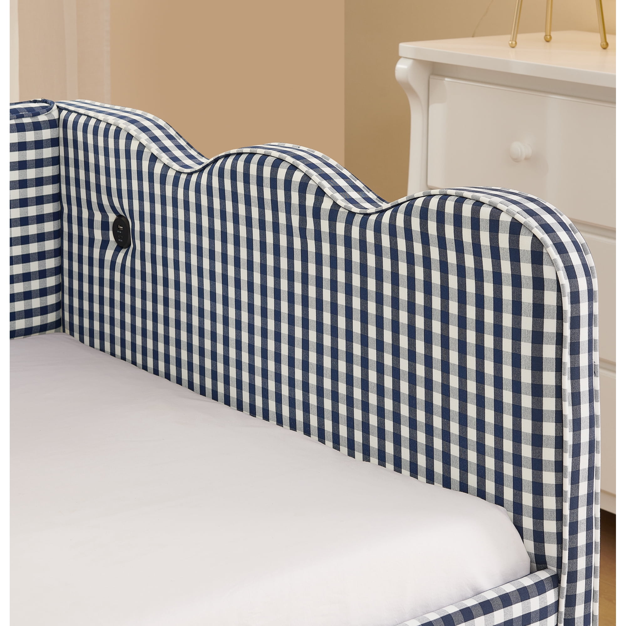 Leumius Twin Size Gingham Daybed with Pop Up Trundle,Modern Linen Daybed with USB Ports and Adorable Wave Shaped,Upholstered Day Bed Fram for Living Room/Bedroom/Guest Room,Navy