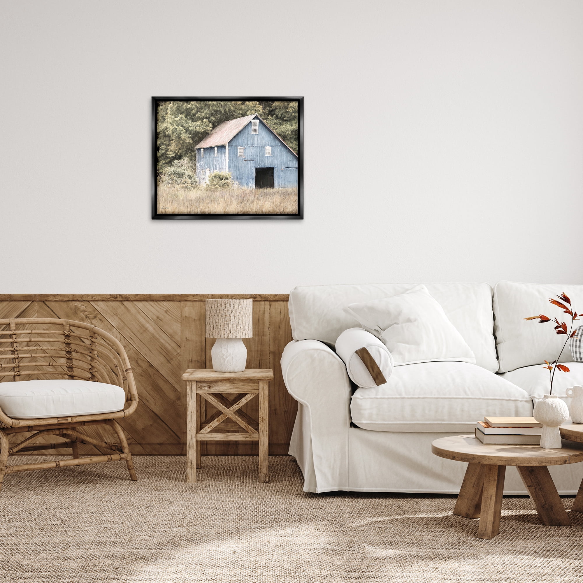 Stupell Industries Rustic Blue Barn Landscape Painting Black Floater Framed Canvas Art Print Wall Art, 31 x 25