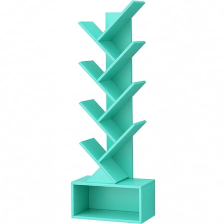 8 Layer Tree Bookshelf for Corner & Small Space — Narrow Steel & Wood Bookcase Tall Floor Standing Book Organizer Shelf with Storage Space Teal