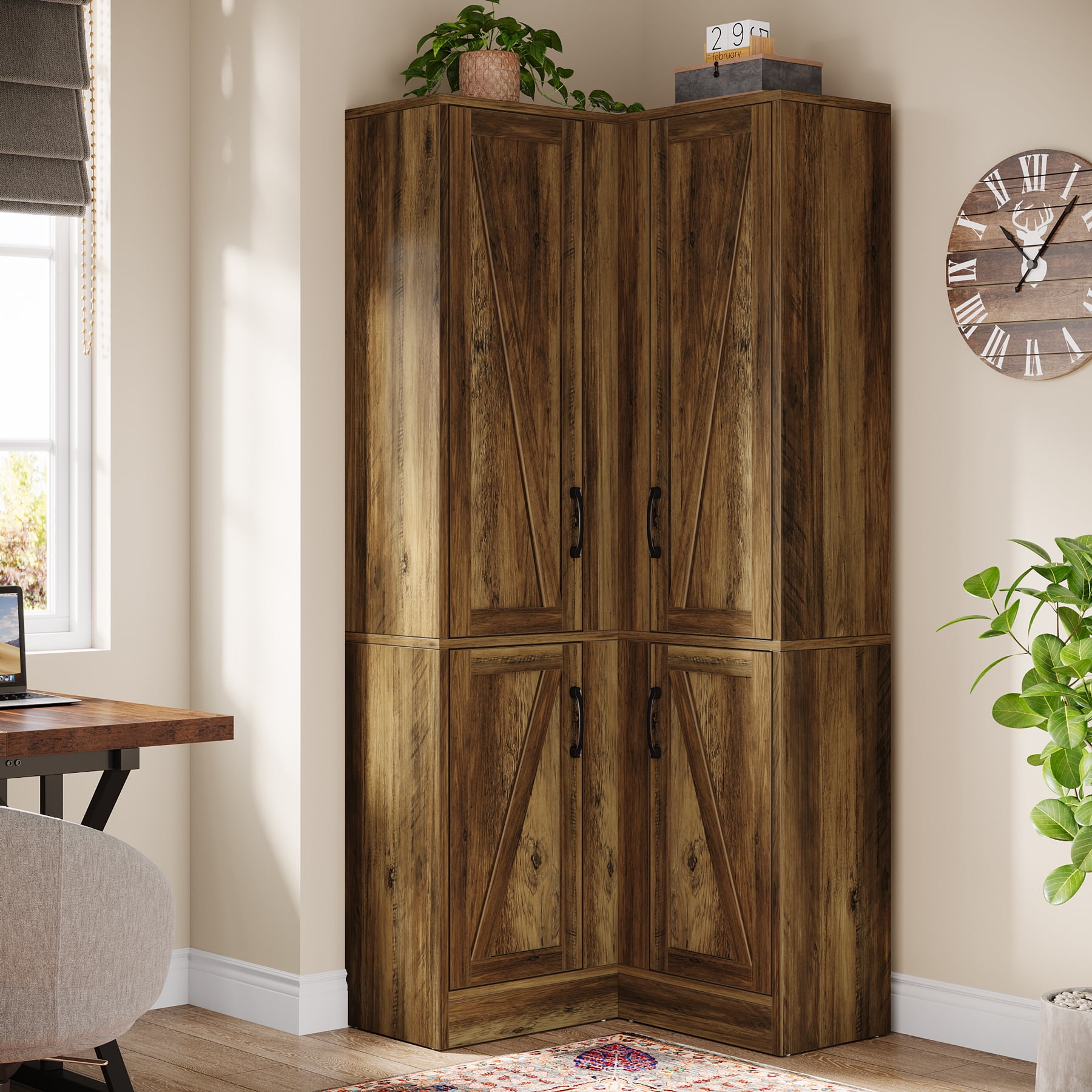 Tribesigns 70.8" Tall Corner Cabinet, Farmhouse Storage Cabinet with 4 Doors & 5 Storage Shelves