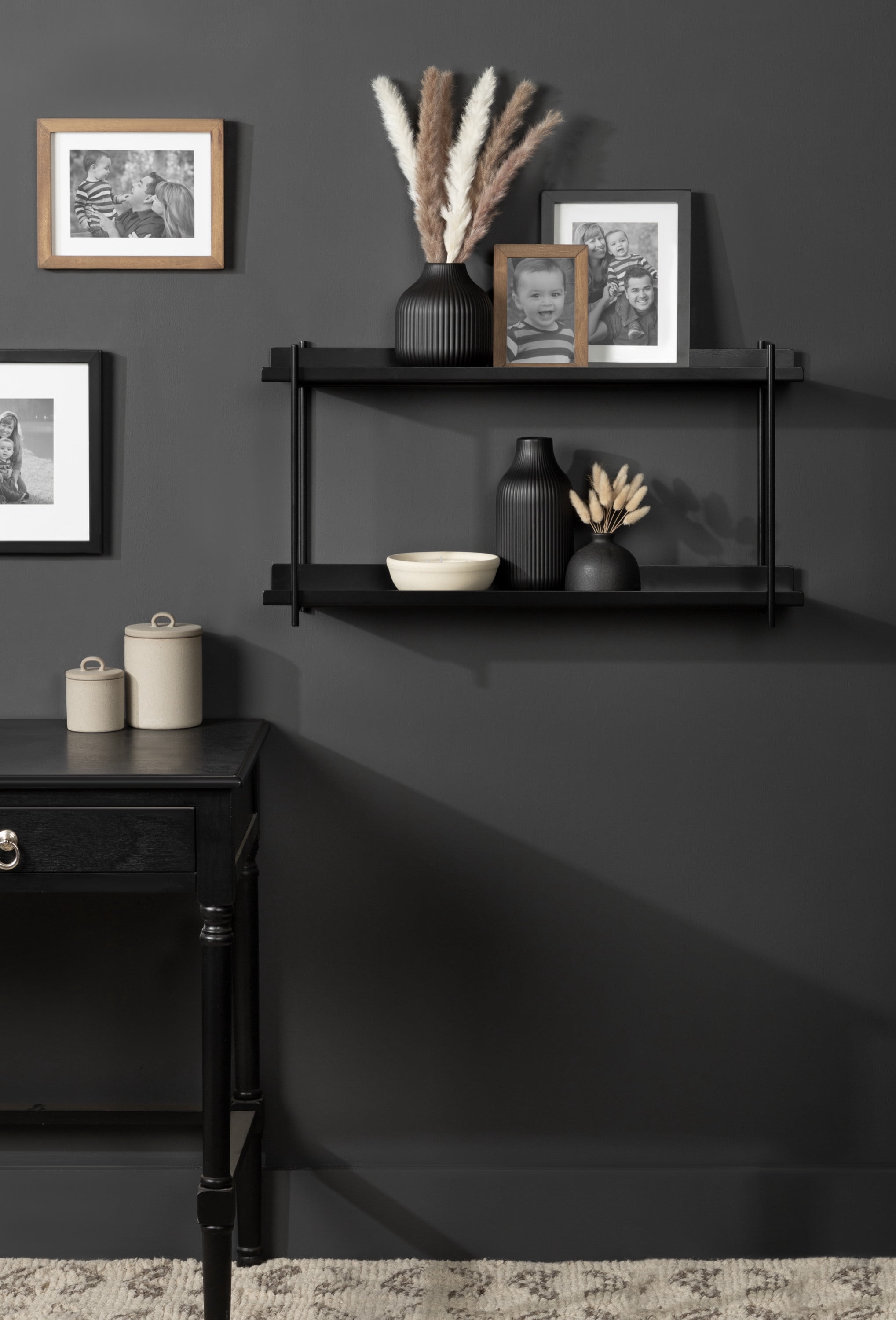 Kate and Laurel Dominic Modern Metal Bathroom Shelf, 28 x 7 x 15, Black, Contemporary Sleek 2-Tier Floating Shelves for Wall Decor, Display, and Over Toilet Storage