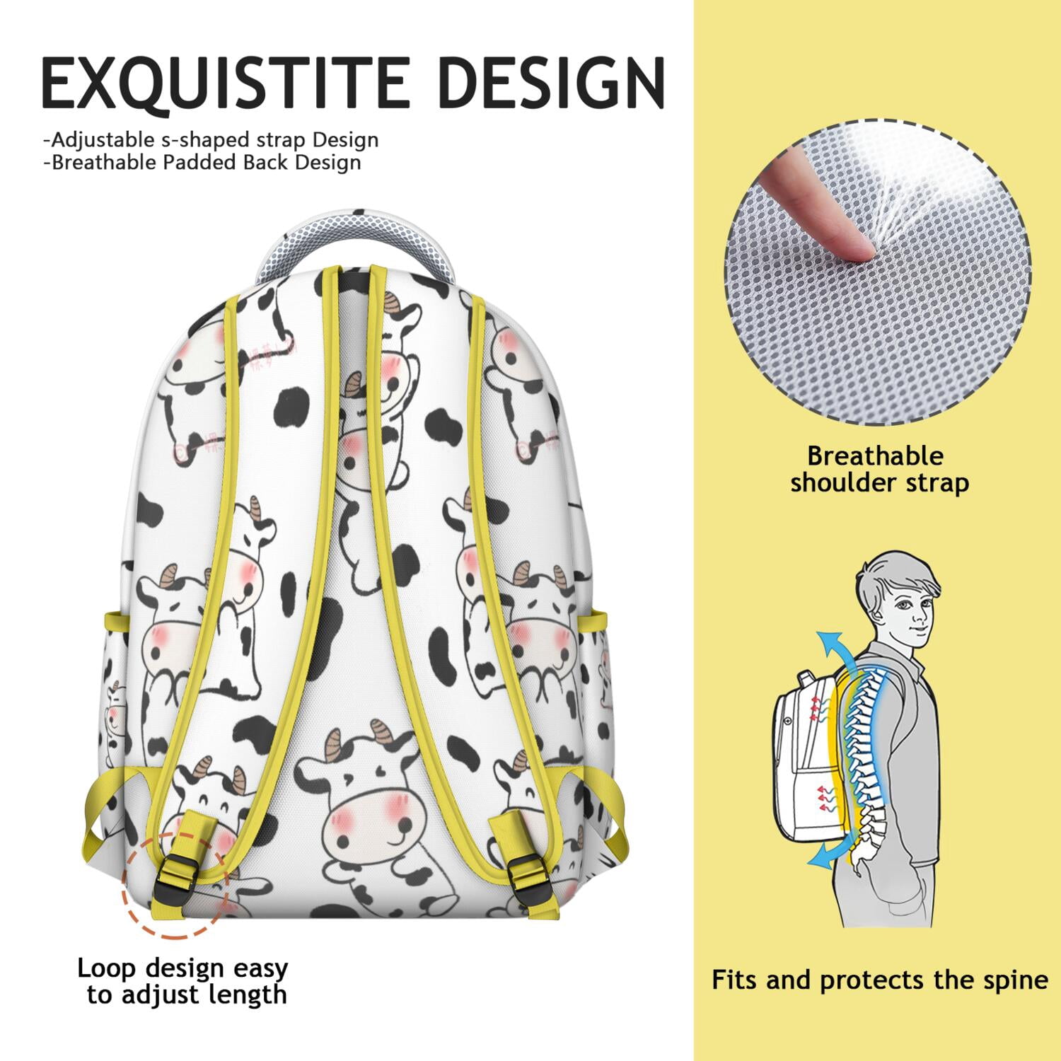 Cow Print Waterproof Bookbag - Stylish School Bag with Funny Highland Cow Pattern, Breathable & Spinal Support Design for Commuters