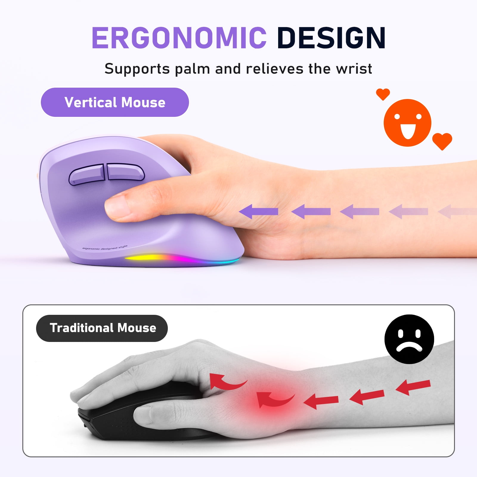 Meetion Purple Vertical Ergonomic Mouse, Bluetooth 2.4G, Rechargeable, Large Comfort Grip