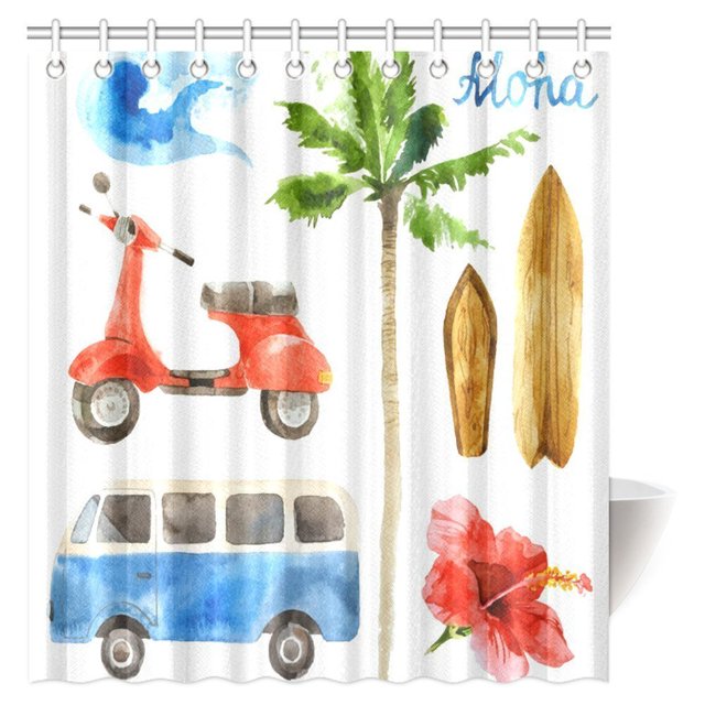 Cortina de Ducha ABPHQTO juego de Surf Acuarela Tela Estilo Retro 160x180 cm