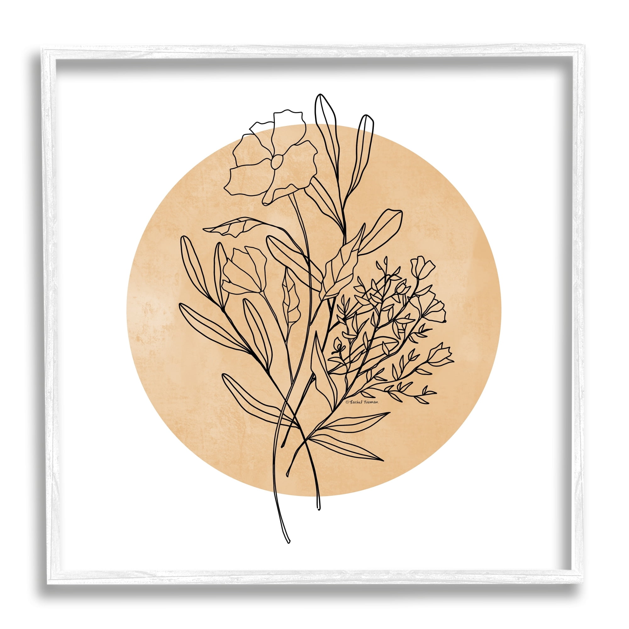 Stupell Industries Minimal Flower Sprigs Lines Round Ochre Shape Graphic Art White Framed Art Print Wall Art, Design by Rachel Nieman