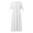 thumbnail image 3 of Adeawade Women Dresses Flowy Pleated Dress Solid Lace Hollow Button Pocket Dress Bow Short Sleeve V Neck Midi Dress Classic Wear M White, 3 of 4