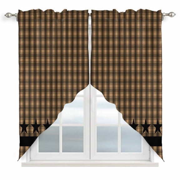 Brown Black Plaid Kitchen Window Curtains, Swag Curtains Valance for Bedroom Living Room Bathroom, Vintage Rustic Star Buffalo Check Rod Pocket Window Treatment Curtain Block Drapes 2 Panels 36"x36"