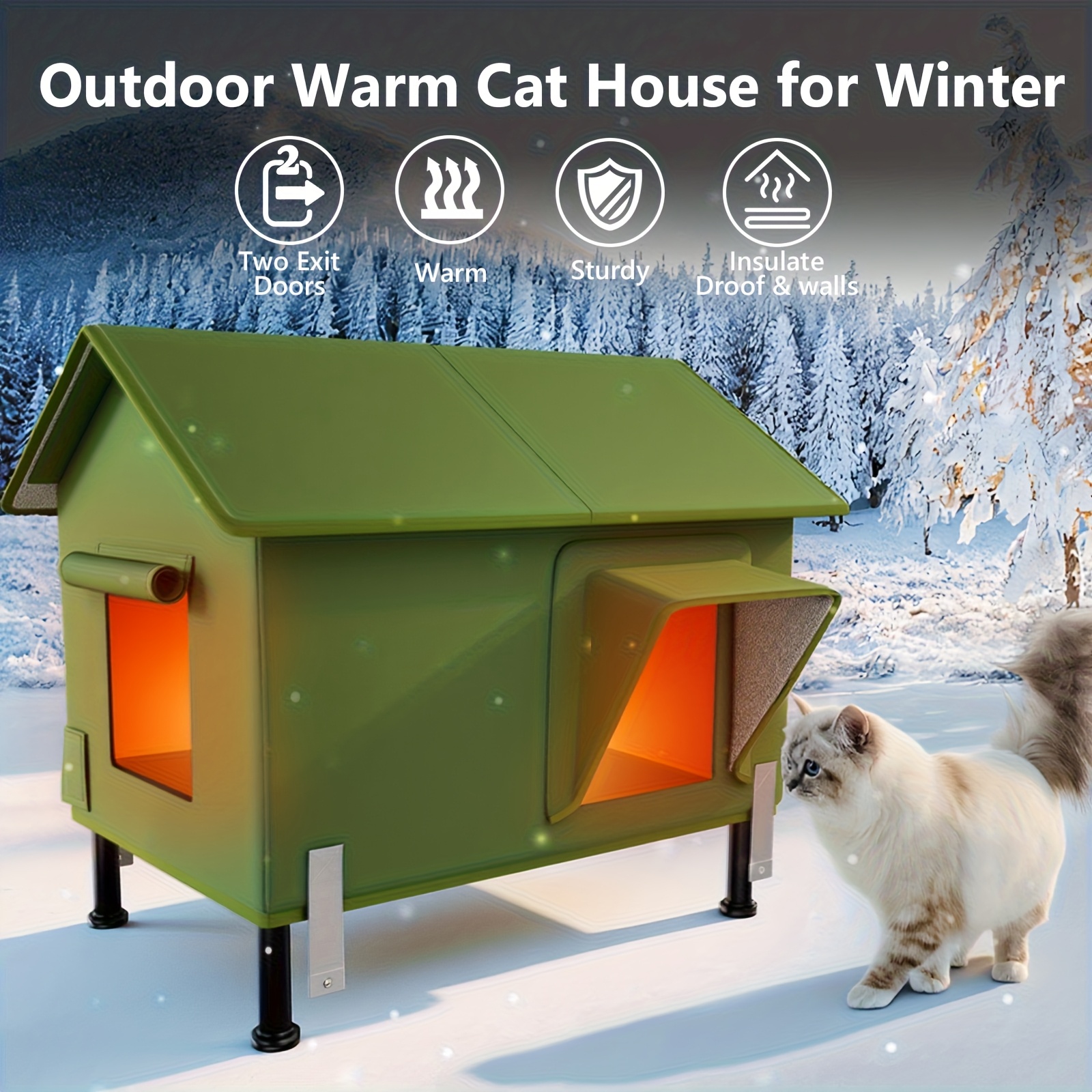 Heated Cat House for Iron pipe style, Extremely Insulated Outdoor Cat House Escape Door, Awning, Elevated Feral Animal Shelter for Winter