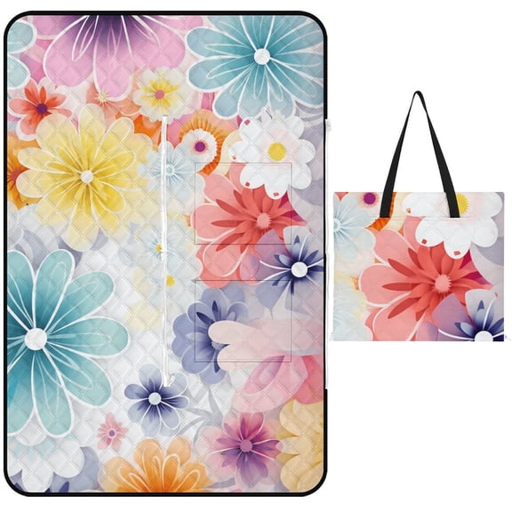 Cute Colorful Flower Picnic Blanket Waterproof Outdoor Beach Blanket Hand-held Pad Suitable for Travel, Camping, Beach, Family Gatherings