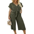 thumbnail image 2 of Women‘s Wide Leg Jumpsuits Buttons Front V Neck Rompers Summer Loose Fit Playsuit with Belt Pockets, 2 of 6