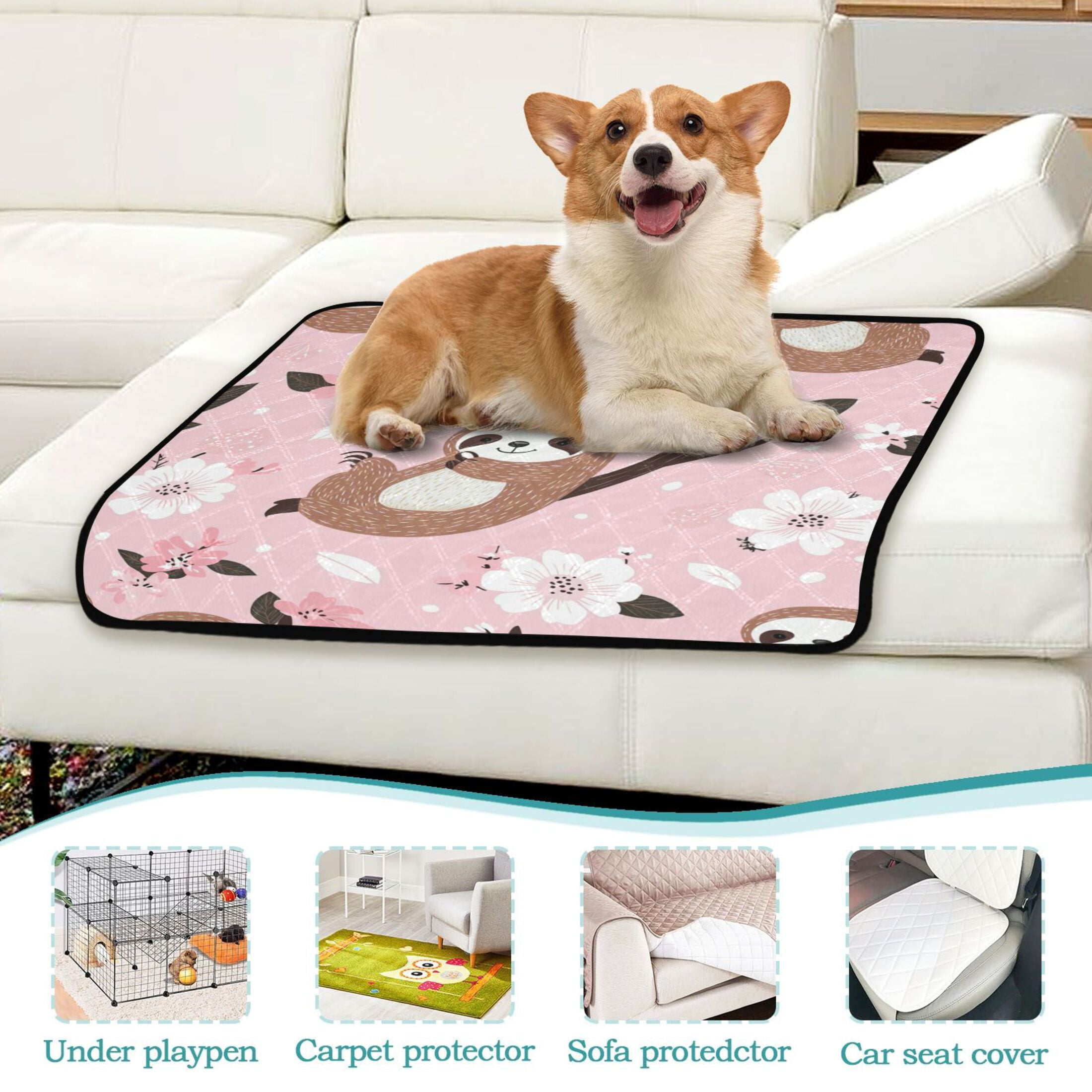 Qxltty Cute Sloth Pattern with White Floral Accents Cat litter Pads Pet Set of 2 Diaper Mats Center Anti-leakage Layer Absorbent Soft and Comfortable