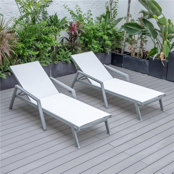 19.7 x 29 x 78.2 in. Marlin Patio Chaise Lounge Chair with Armrests in Grey Aluminum Frame, White - Set of 2
