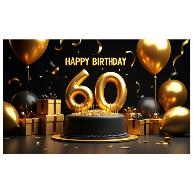 Black Gold Themed 60th Birthday Backdrop Banner, with Golden Balloons Gift Boxes and Happy Birthday Text, Party Decorations for Photography Props Birthday Party Celebration Event