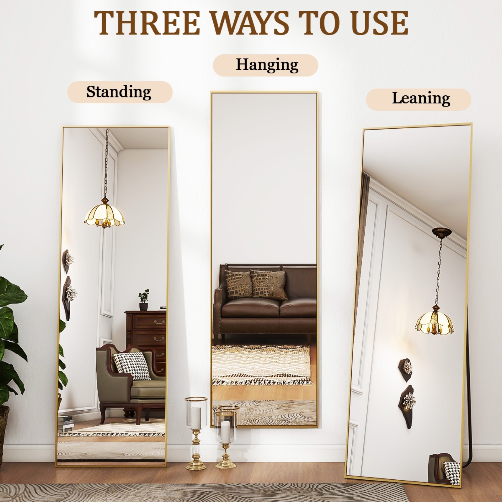 Anyrose 59.1"x16" Rectangle Full Length Mirror Metal Frame Floor Mirror with Stand, Gold
