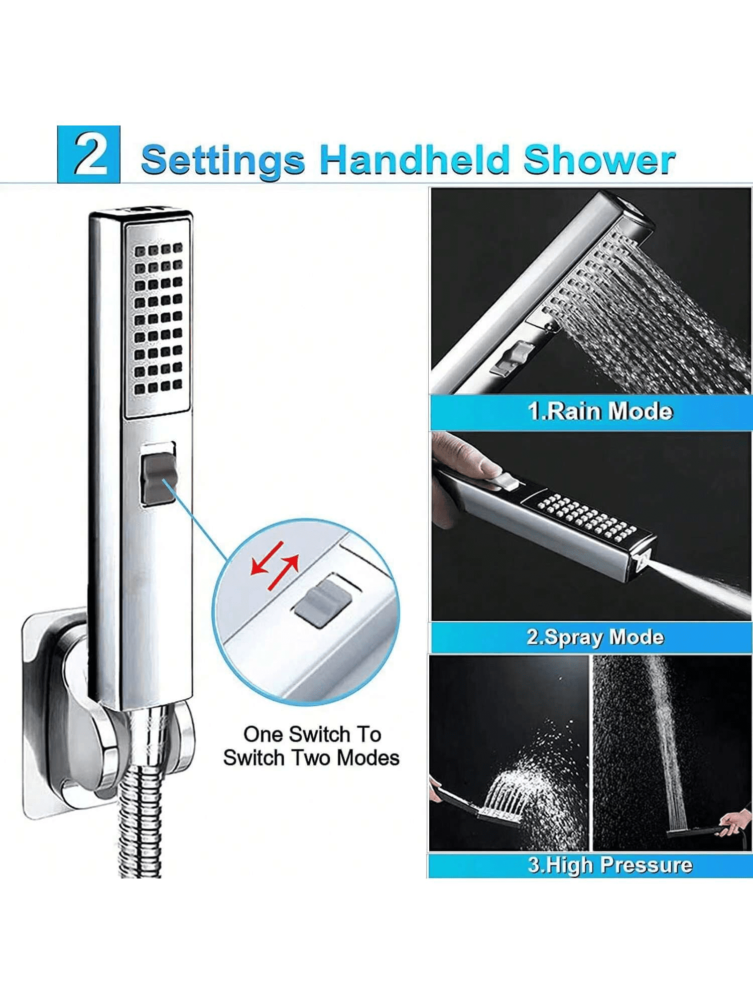 Shower Head with Hose, 8'' High Pressure Rain Shower Head, Handheld Shower Head Combo with 11'' Extension Arm, 2+1 Spray Settings Adjustable Shower Head with Holder, Height/Angle Adjustable