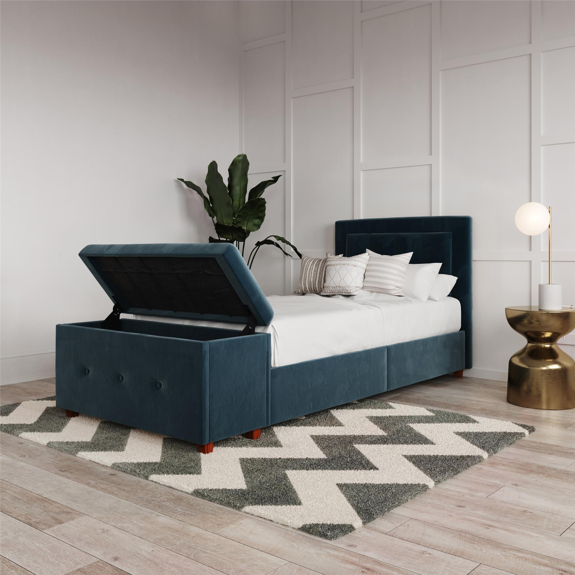 DHP Drew Upholstered Bed with Storage Chest, Twin Size, Blue Velvet