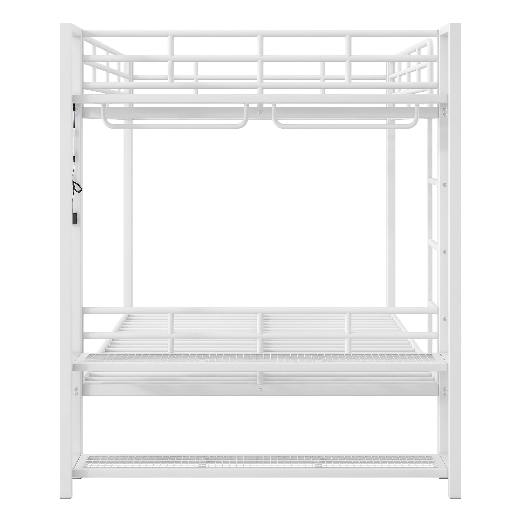 Euroco Metal Full over Full Bunk Bed wih Storage Shelves, Clothes Habnger and LED Light for Kids Teens Room, White