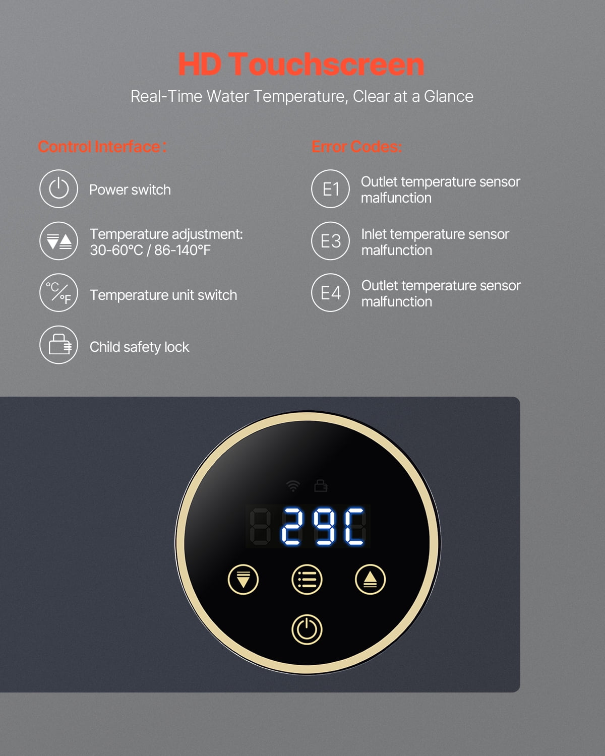 VEVOR Tankless Electric Water Heater, 36kW Instant Hot Water Heater Under Sink, On Demand for Bathroom, Kitchen, Office with LCD Touch Screen, Child Security Lock ,Space-Saving, 240V