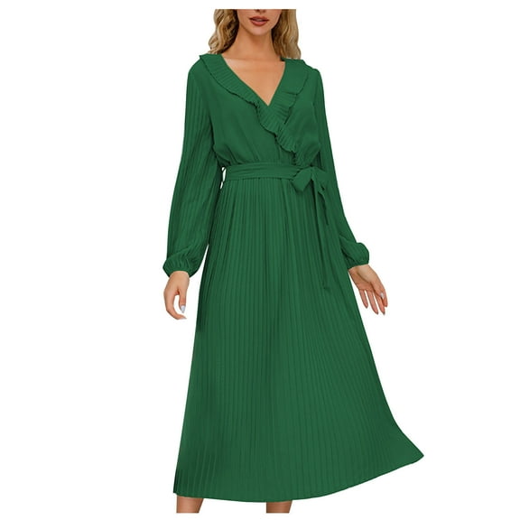 Lindreshi Long Sleeve Dresses for Women Plus Size Maxi Fall and Winter New Slim Temperament Dress V-Neck Bubble Sleeve Pleated Skirt