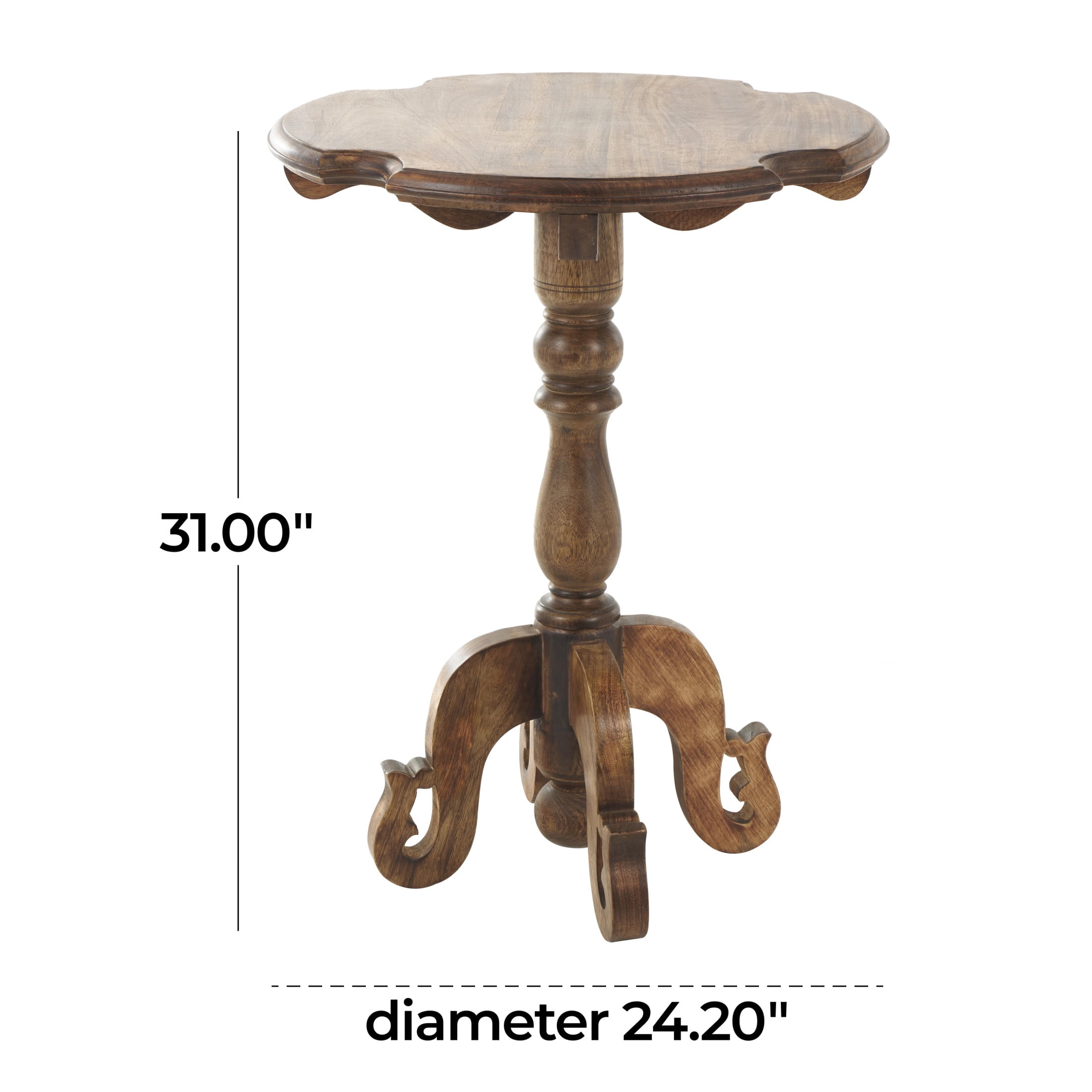 DecMode 24" x 31" Brown Mango Wood Turned Accent Table with Scrolled Legs and Cutout Tabletop, 1-Piece
