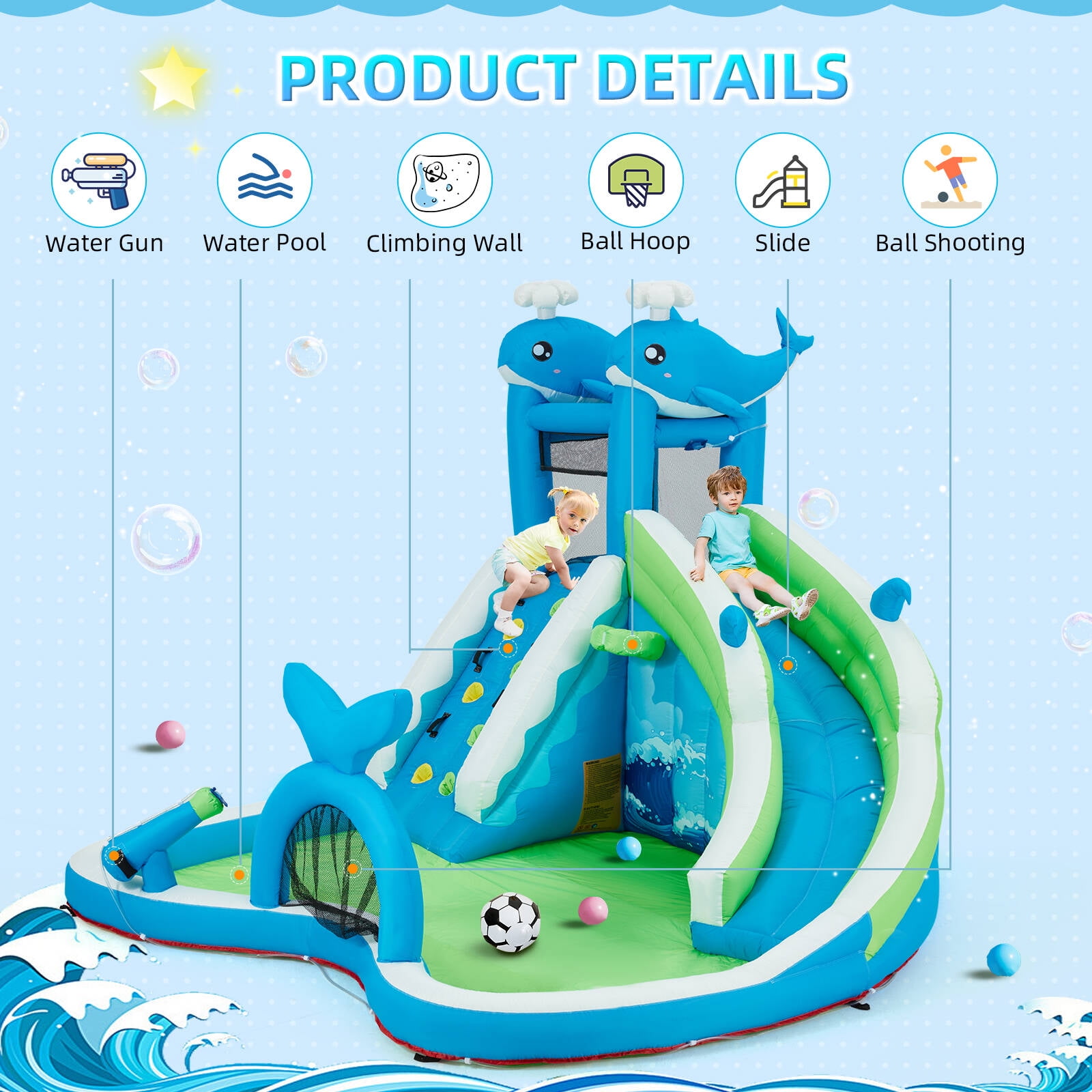 EROMMY Inflatable Water Slide, 6-in-1 Whale Outdoor Bounce House for Kids Aged 3-10 with Water Cannon, Climbing Wall, Basketball Hoop, Soccer Goal, Storage Bag, 480W Blower