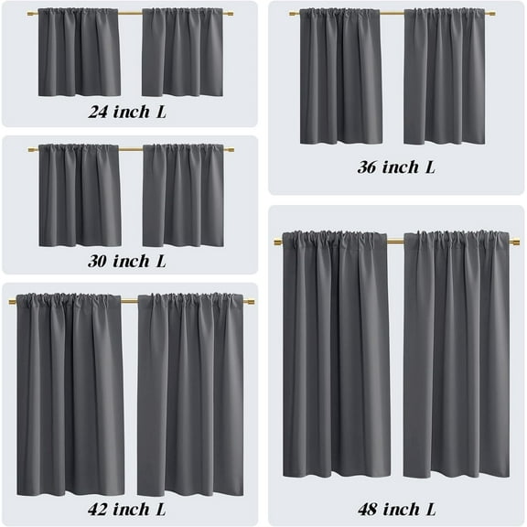 Dark Grey Thermal Insulated Blackout Window Curtain Set of 2 Panels,Room Darkening Short Half Curtains for Kitchen Bathroom Bedroom,42 Inch Length