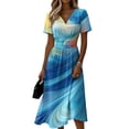 thumbnail image 3 of Watercolor Floral Print Dress for Women V Neck Short Sleeve Dress A Line Midi Casual Summer Outfit Flowy Lightweight Party Wear Vacation Boho Chic Blue L, 3 of 6
