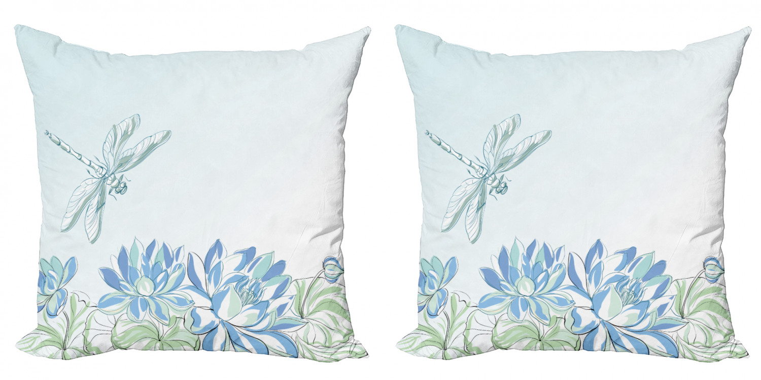 Dragonfly Throw Pillow Cushion Cover Pack of 2, Waterlilies Flowers and Dragonflies Simplistic