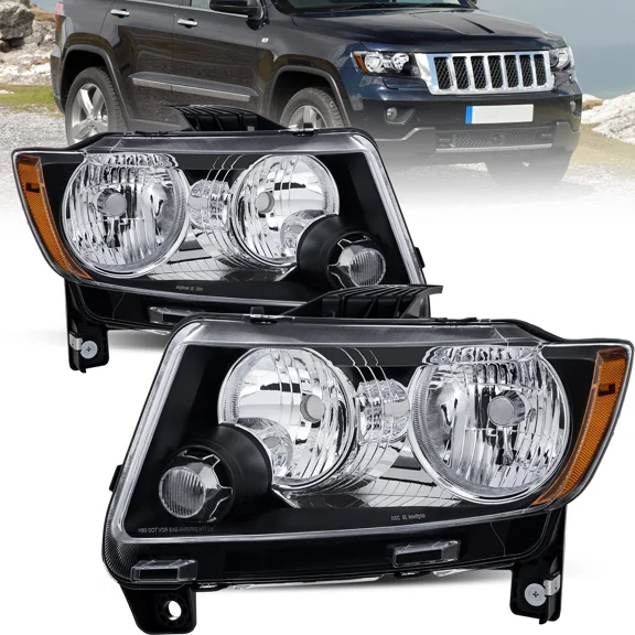 MOSTPLUS Black Housing Headlights Amber Reflector for 11-13 Grand Cherokee 11-17 Compass