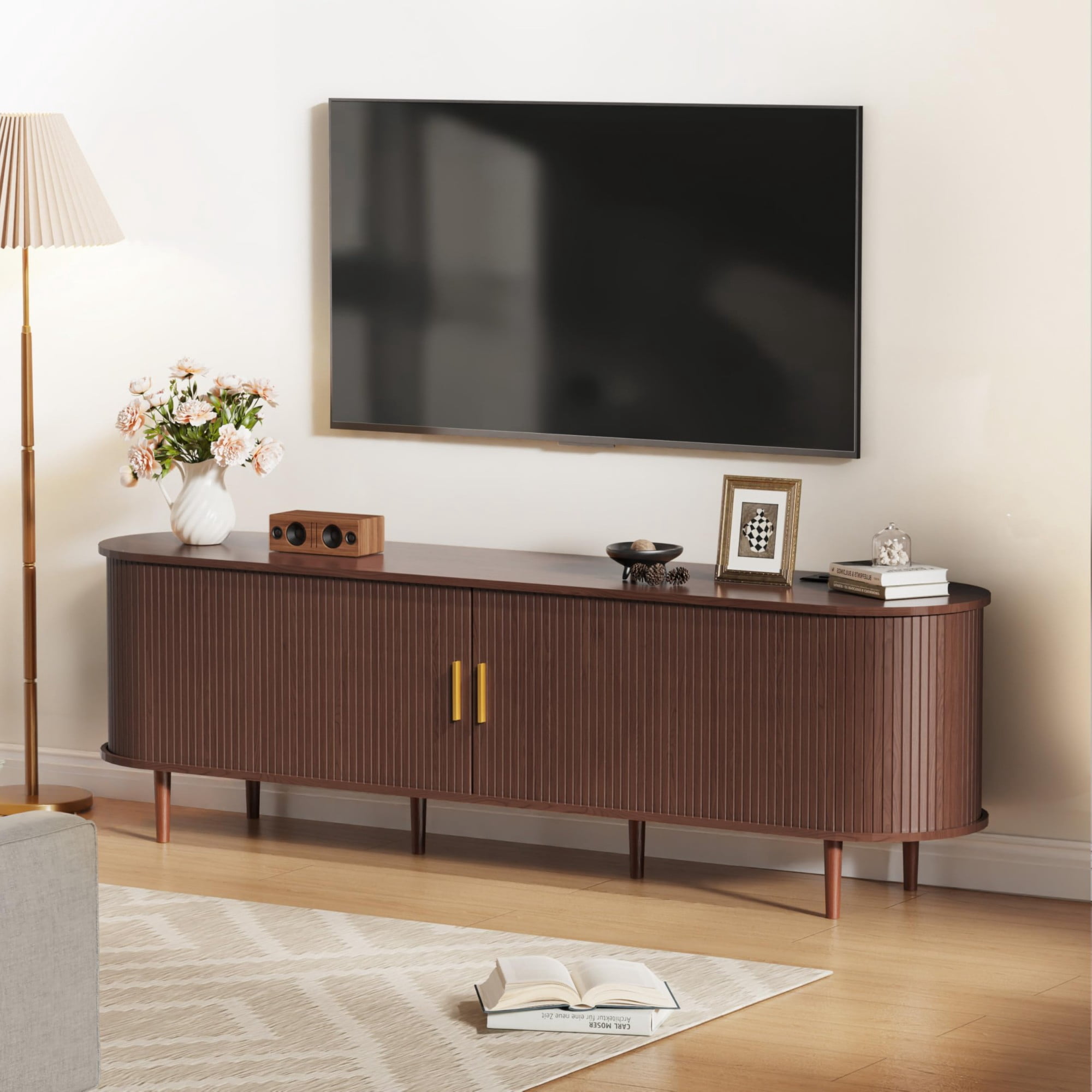 70.8 Inch Mid Century Modern TV Stand with Power Outlet, Fluted Media Console with Sliding Doors for TVs up to 80 Inch, Walnut
