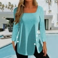 thumbnail image 2 of WREESH Womens Fashion Tunic Tops Square-Neck Solid Color Side Button Split Hem Loose T-Shirt Mid-Length Long Sleeves Blouse Round Neck Casual Tops Pullover Light Blue, 2 of 5