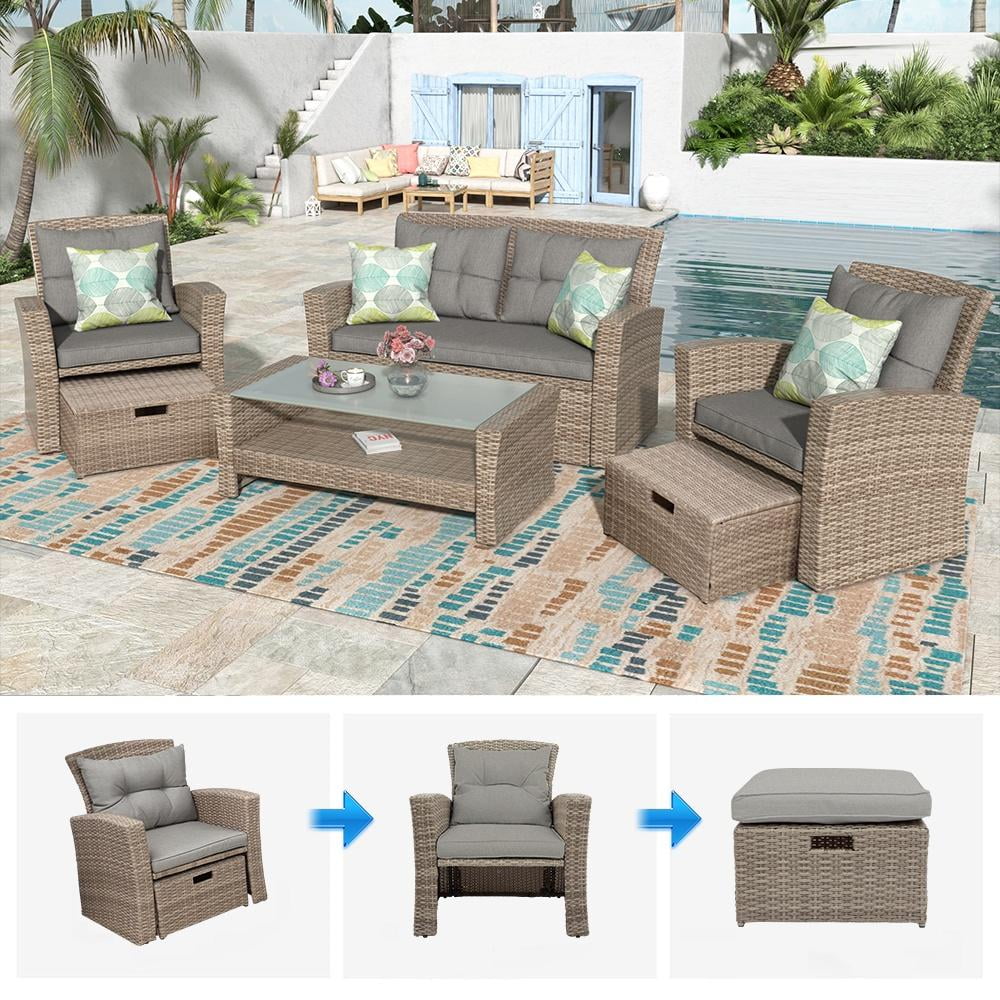 SEGMART 6 Piece Outdoor Patio Furniture Sets, All-Weather Rattan Conversation Set with Ottoman & Cushions, Outdoor Sectional Wicker Set for Backyard, Deck, Poolside, Gray