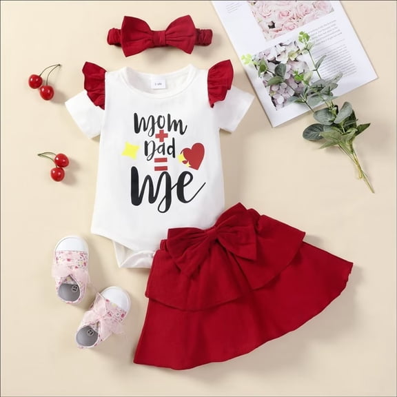 YEEDISON Children's Set Girls' Set Spring Summer Baby's Short Sleeve Letter Pattern and Hair Band Casual Romper Set for 0-18M