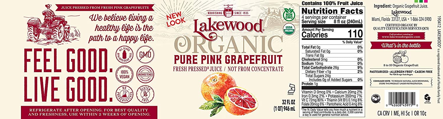 Lakewood Organic PURE Pink Grapefruit Juice, 32-Ounce Bottles (Pack of 6)