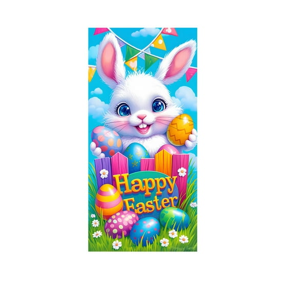 Enchanting Easter Door Decor Adorable Bunny with Colorful Eggs and Happy Easter Festive Springtime Decoration