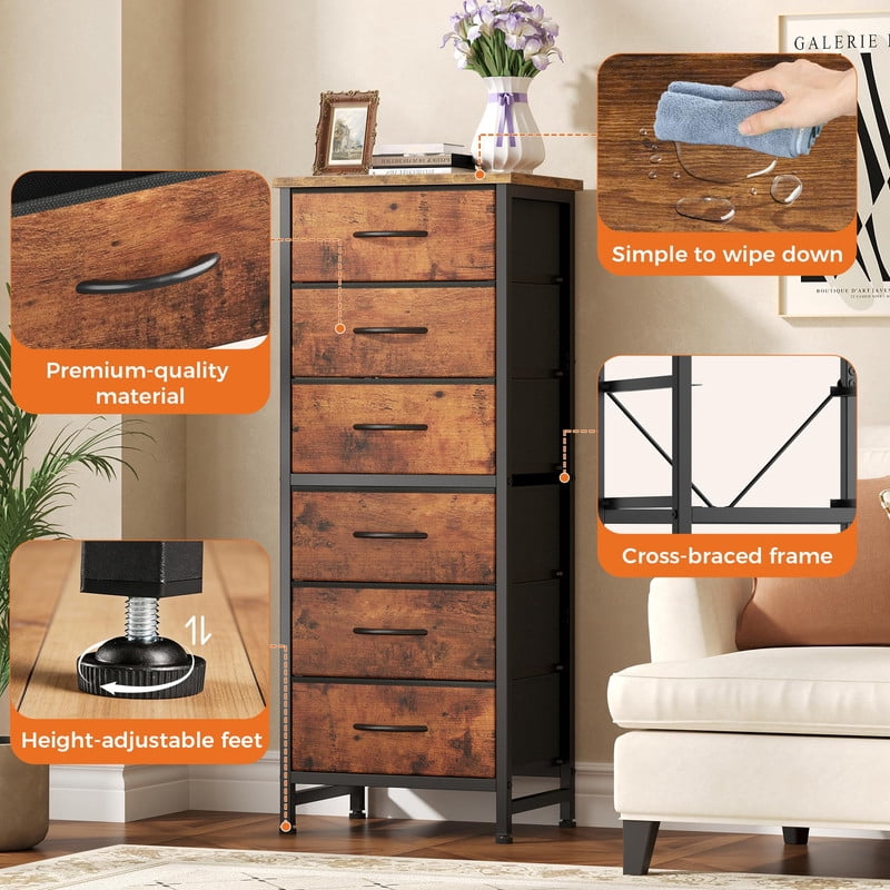 Kelno 6 Drawer Fabric Dresser Steel Frame Storage Chest Organizer with Wood Top, Rustic Brown