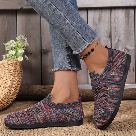 Domuza Women Square Toe Knit Casual Flats, Colorful Stripe Slip On Soft Sole Walking Shoes Multicolor 8（EU-40）